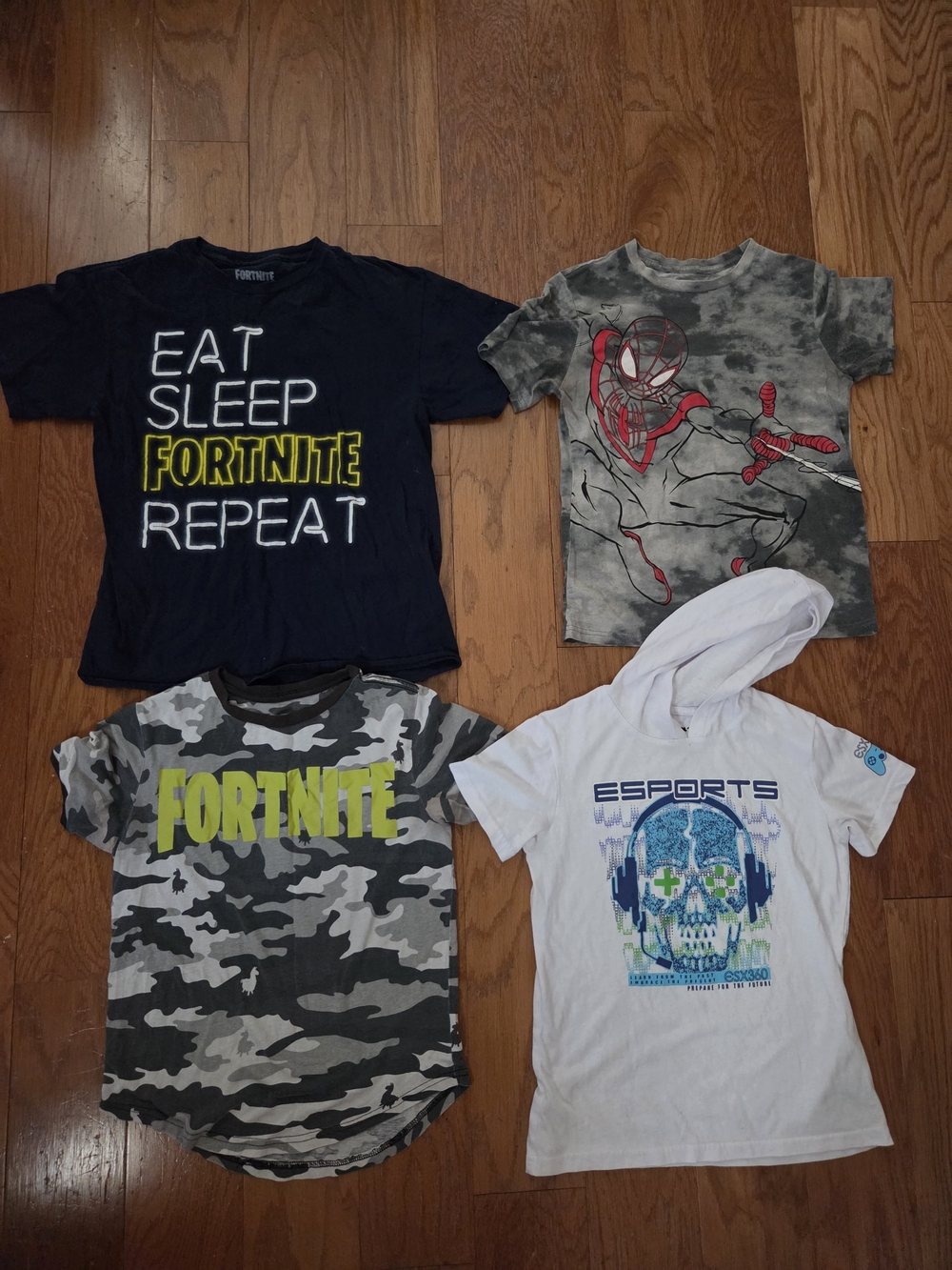 Boys 4 Shirts Bundle. Fortnite, Navy Eat Sleep Fortnite Repeat, Game & Spiderman